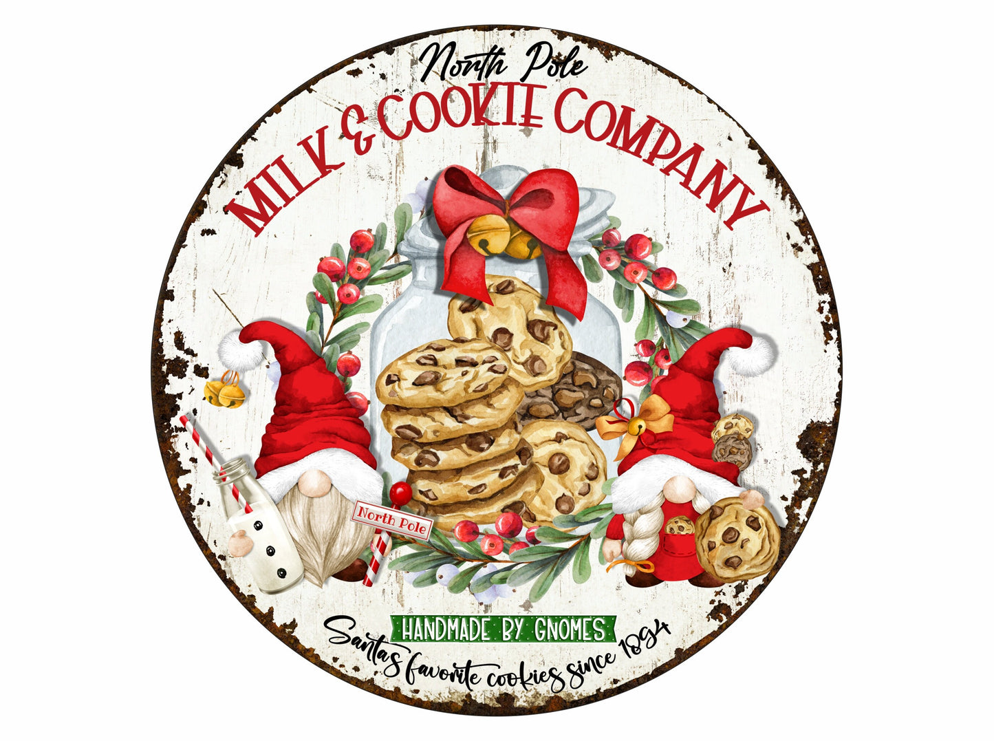 Milk and Cookies Co wreath sign, Retro Santa sign