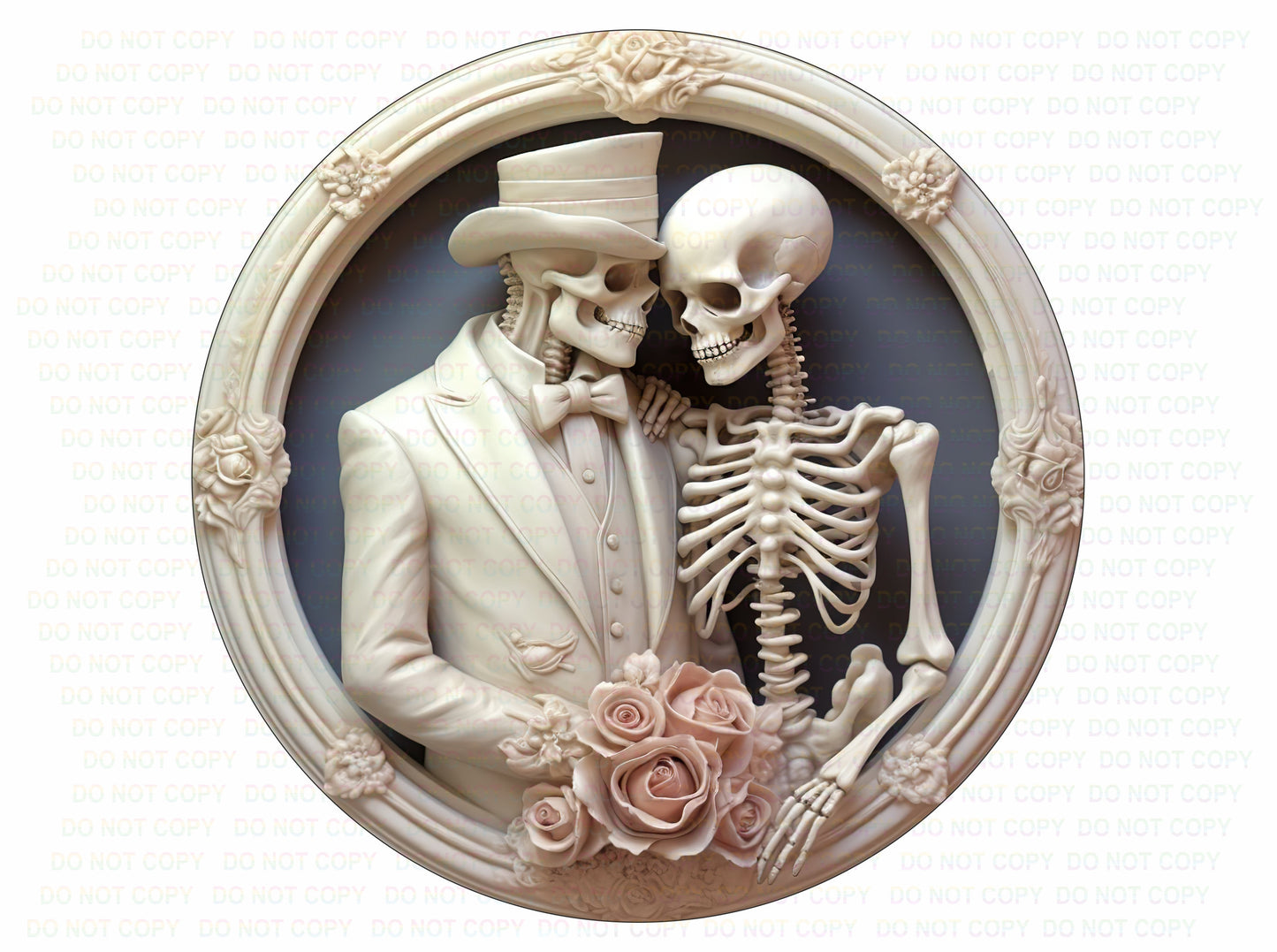 Skeleton Couple Embrace In Ivory Frame Wreath Sign