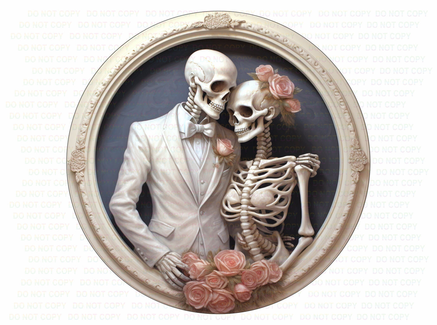 Skeleton Couple Embrace In Ivory Frame Wreath Sign, Signs for Halloween Wreaths, Skeleton Wedding Couple Wreath Sign