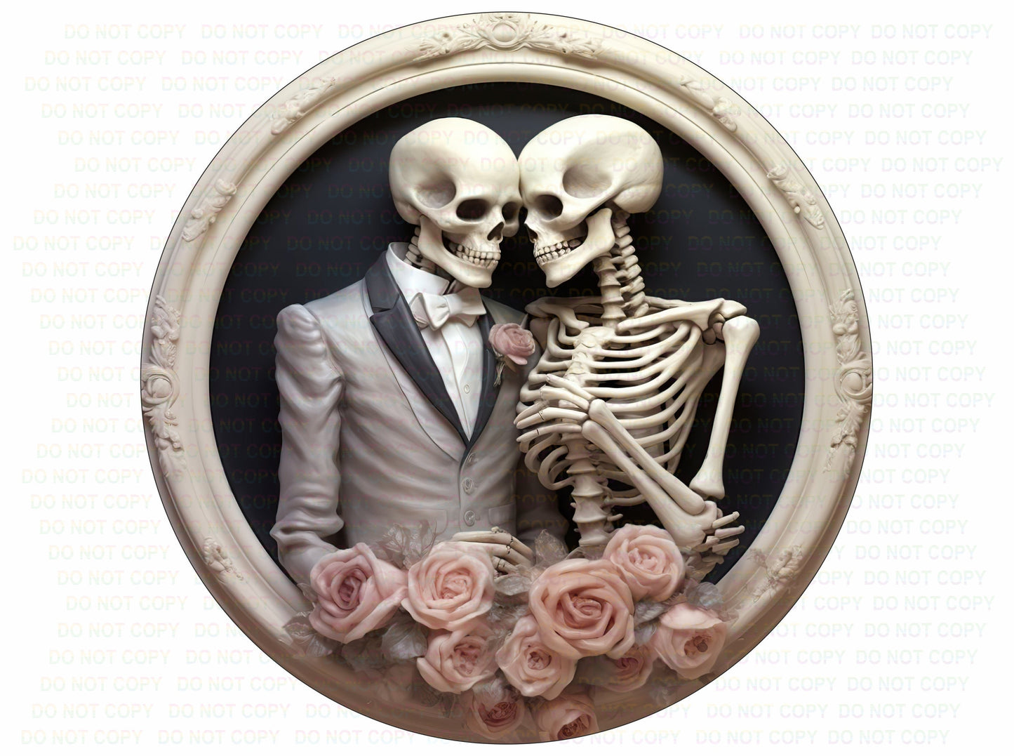 Skeleton Couple Embrace In Ivory Frame Wreath Sign, Signs for Halloween Wreaths, Skeleton Wedding Couple