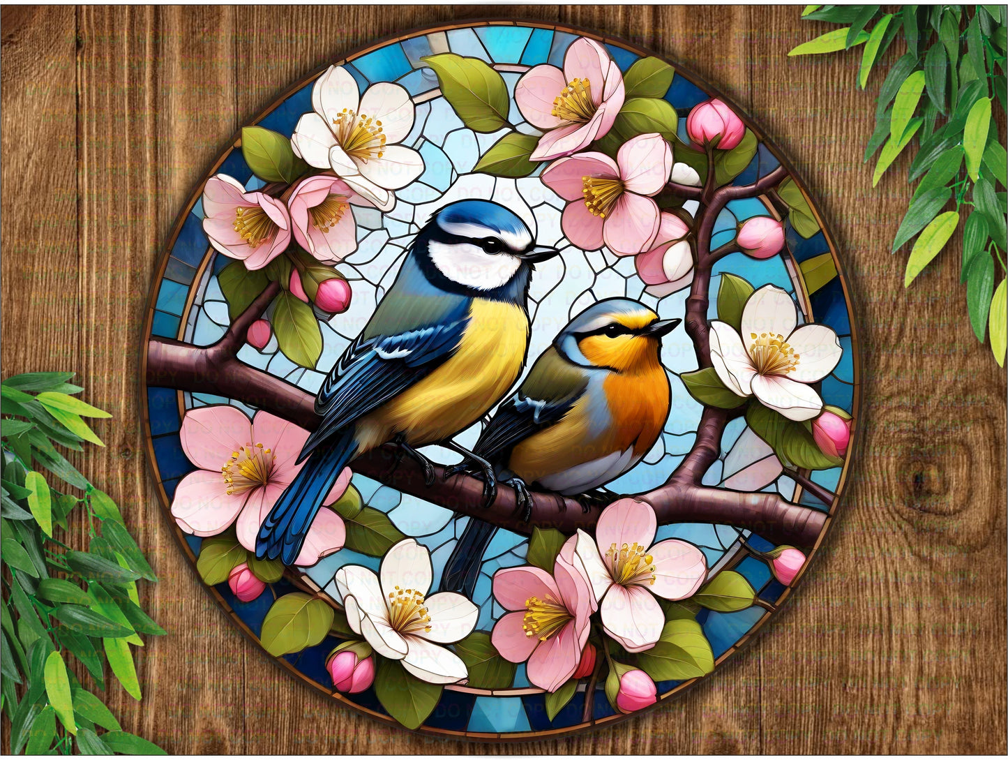 Garden Birds sign, Blue tit and Robin sign, Metal Bird signs, Garden Decorations, Gardening gifts, Faux stained glass effect