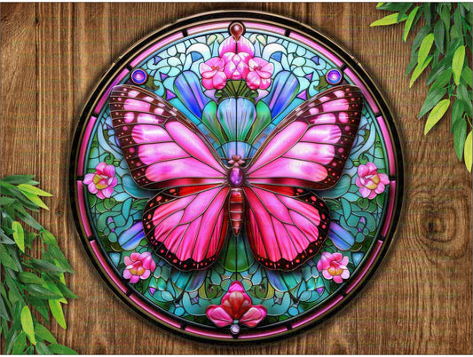 Pink Butterfly wreath sign, Stained glass effect, Faux Stained Glass sign, Metal Butterfly sign, Welcome wreath sign, Front door sign