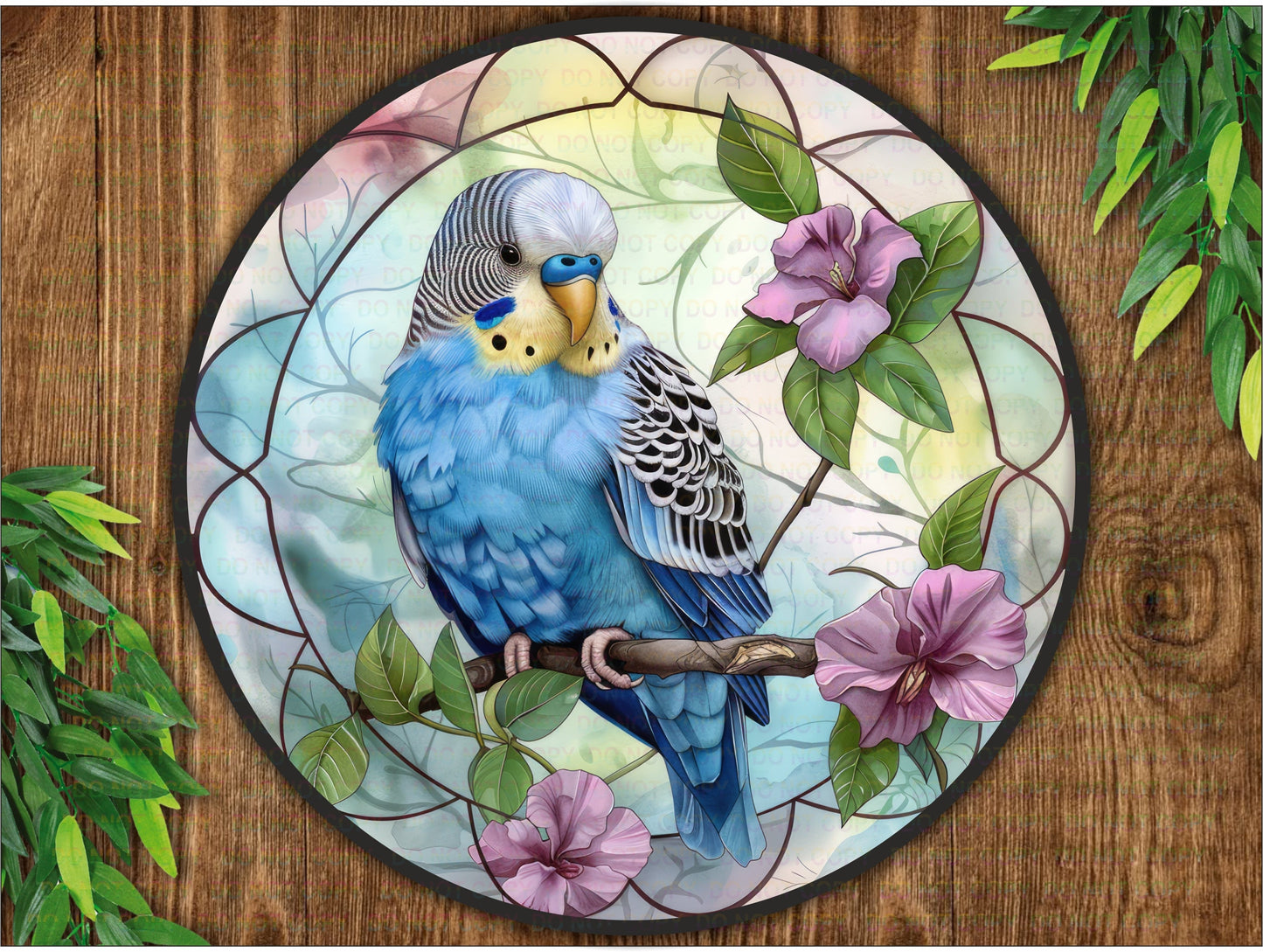 Budgie sign, Faux Stained Glass budgie sign, Budgie wreath sign, Budgie lover, Budgerigar sign, Budgerigar decor, Blue parrot