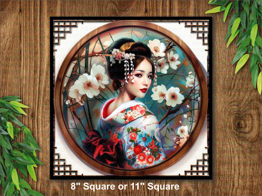 Traditional japanese girl sign,japanese wreath,kimono sign,japanese sign,garden plaque,pagoda,japanese garden art,japanese garden,geisha