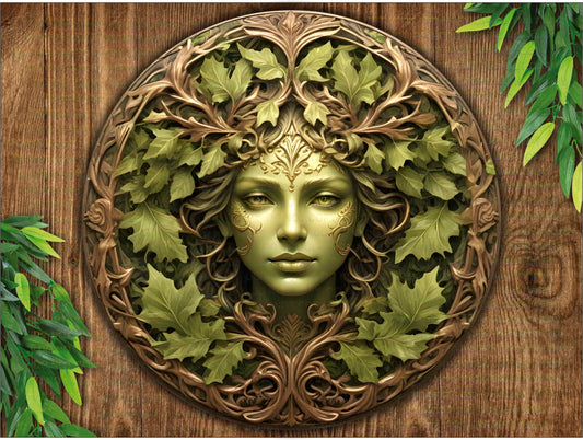 Green Woman Metal Sign, FLAT printed sign, Nature Lover's Wall Art Décor, Garden Guardian, bronze garden sign, celtic plaque, FLAT sign