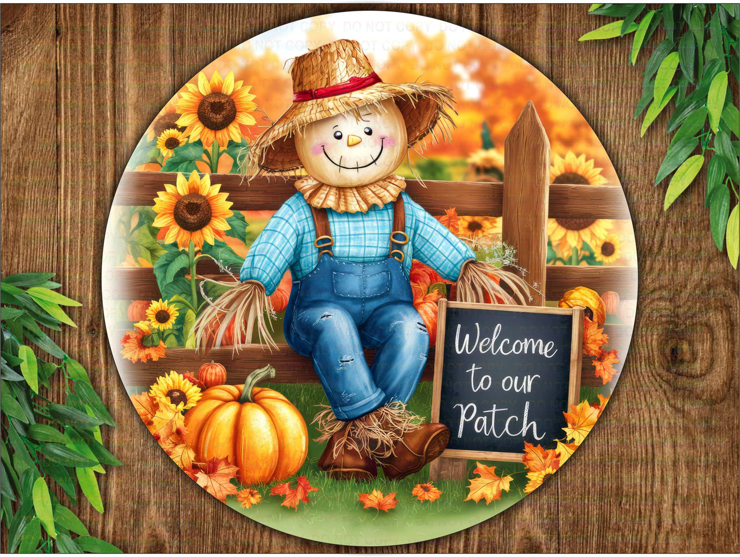 Welcome to our patch scarecrow sign, Autumn scarecrow wreath sign, scarecrow sign, Fall Pumpkin Patch Décor, Rustic Autumn Door Hanger