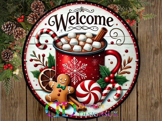 Welcome hot cocoa wreath sign, gingerbread candy sign